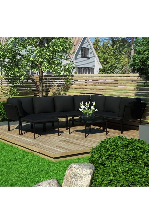 8 Piece Garden Lounge Set with Cushions Black PVC