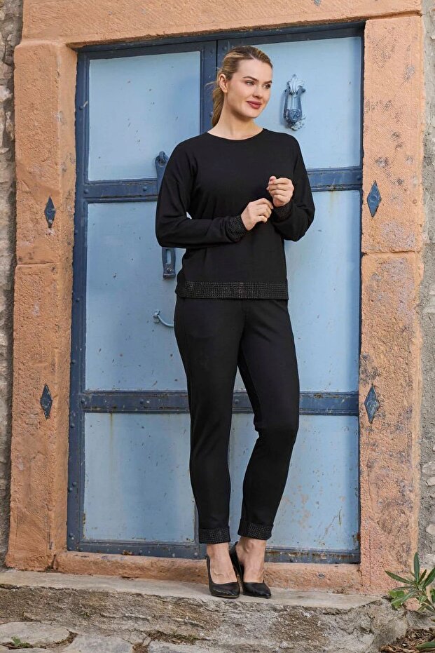 26028 Women's Long Sleeve Printed Sports 2-Piece Set-Black