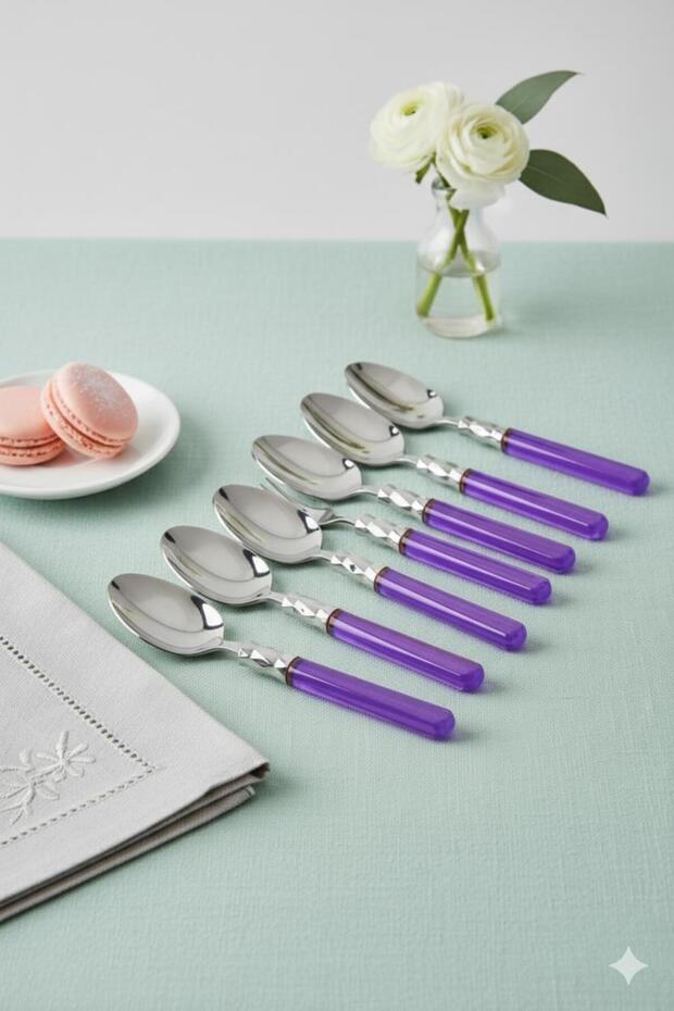 Set of 6 Stainless Steel Purple Dessert Spoons