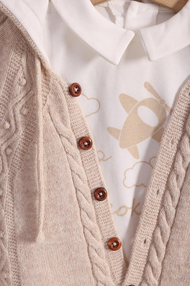 Bej Örme Erkek Bebek Kapüşonlu Uzun Tulum - 5