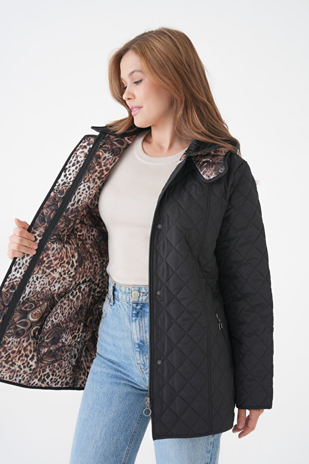Leopard Printed Li Quilted Women's Coat Plus Size Hooded with Zipper and Snap Fasteners