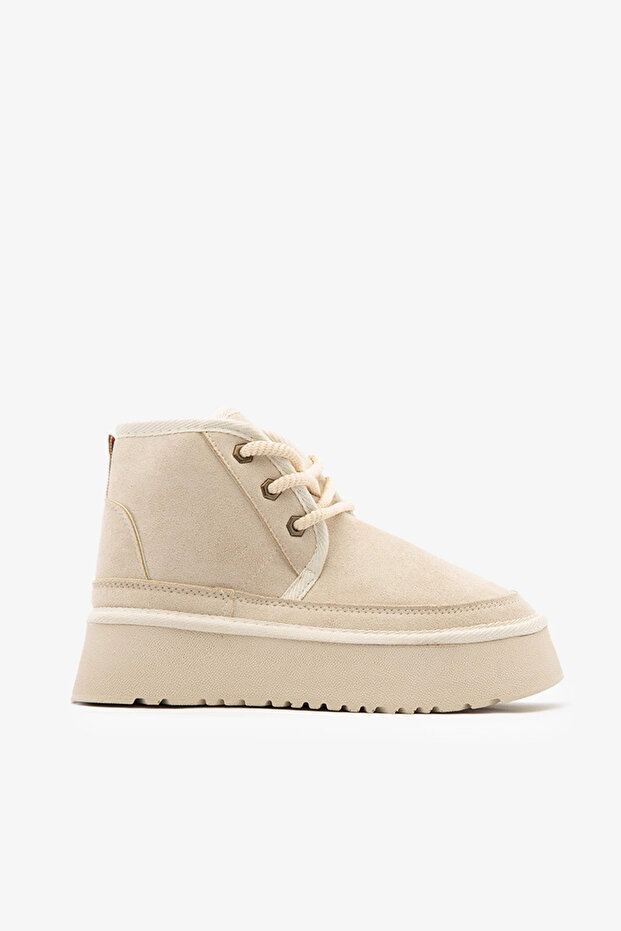 Beige Suede Fur Lined High Sole Lace-Up Women's Boots