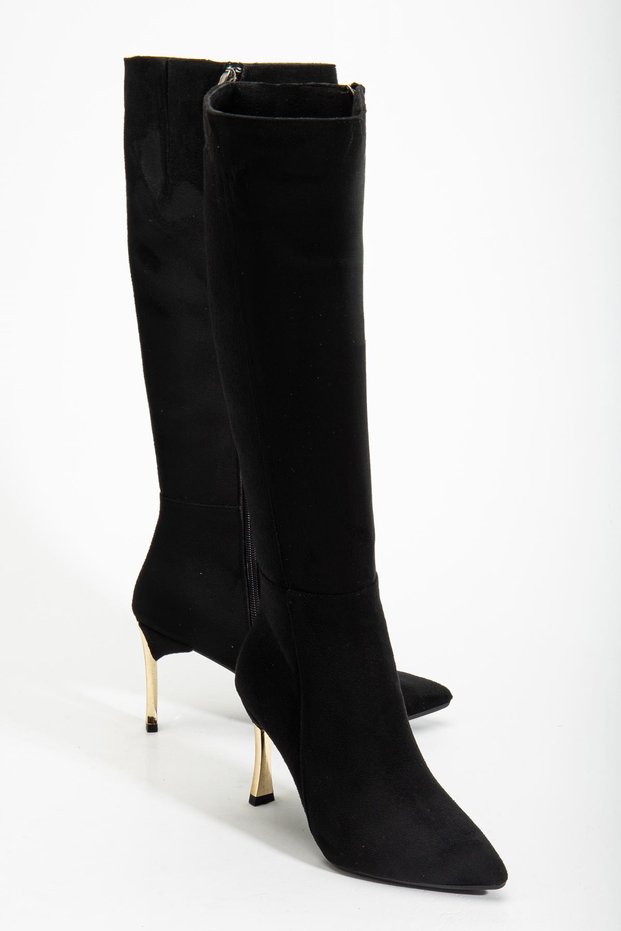 Women's Black Suede Pointed Toe Thin Heeled Boots