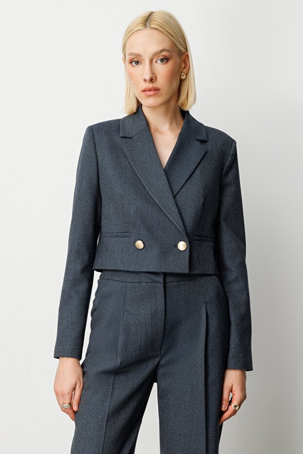 Simli Kumaş Crop Ceket - 1