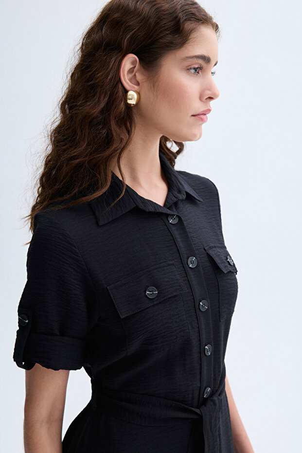 KUŞAKLI KISA KOLLU MİDİ GÖMLEK ELBİSE - 3