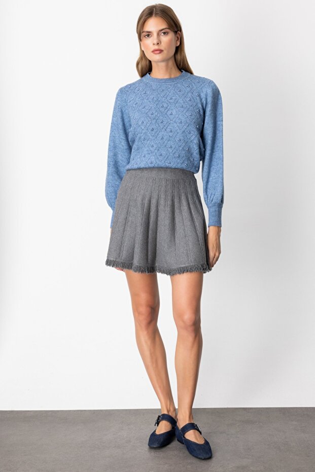 Püsküllü Mini Triko Etek - 1