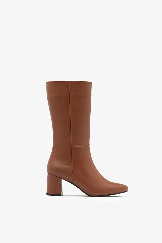 Tan Genuine Leather Side Zipper Heeled Short Women's Boots