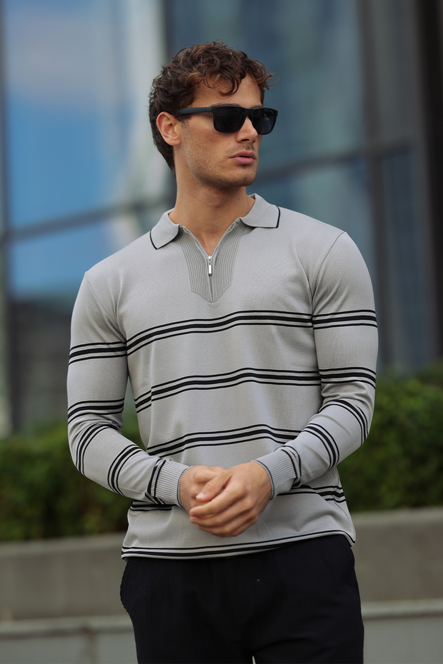Men's Polo Neck Striped Half Zip Knit Sweater