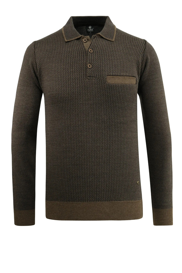 Men's Plus Size Polo Neck Mink Sweater with Pockets Patterned Steel Knit Classic Fit - 5208Fb
