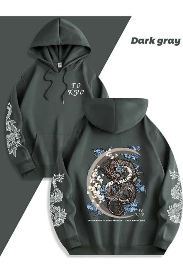 Men's Oversize Japanese Dragon Printed Hoodie