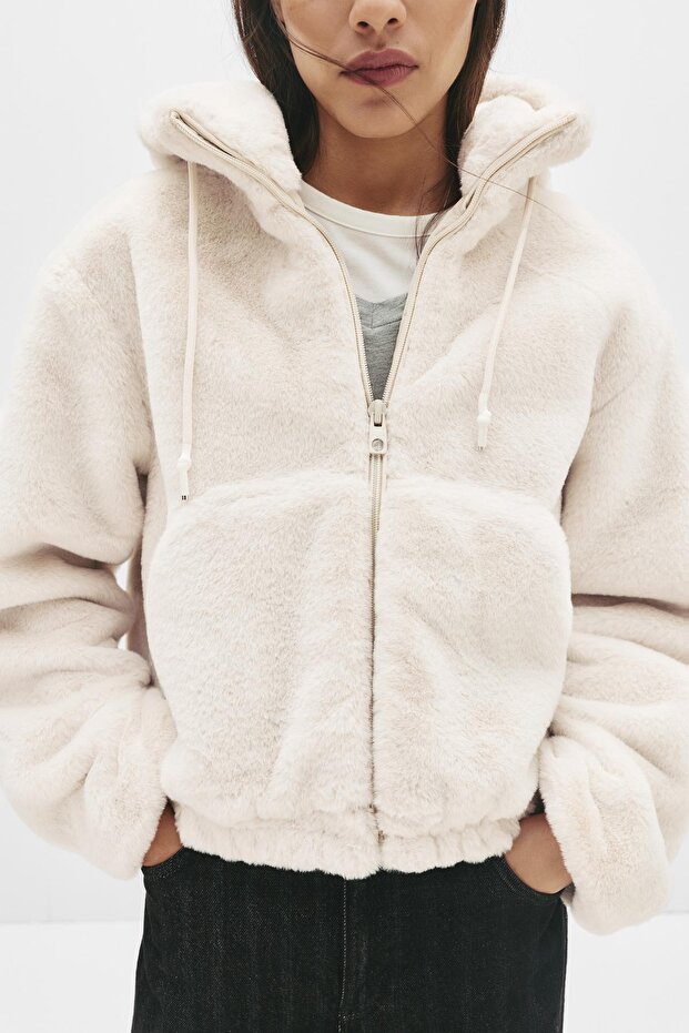 Kapüşonlu suni kürk ceket - 5