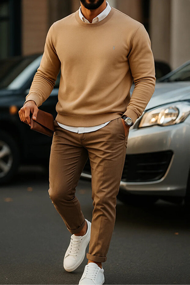 Erkek Basic Bisiklet Yaka Karamel Sweatshirt - 2