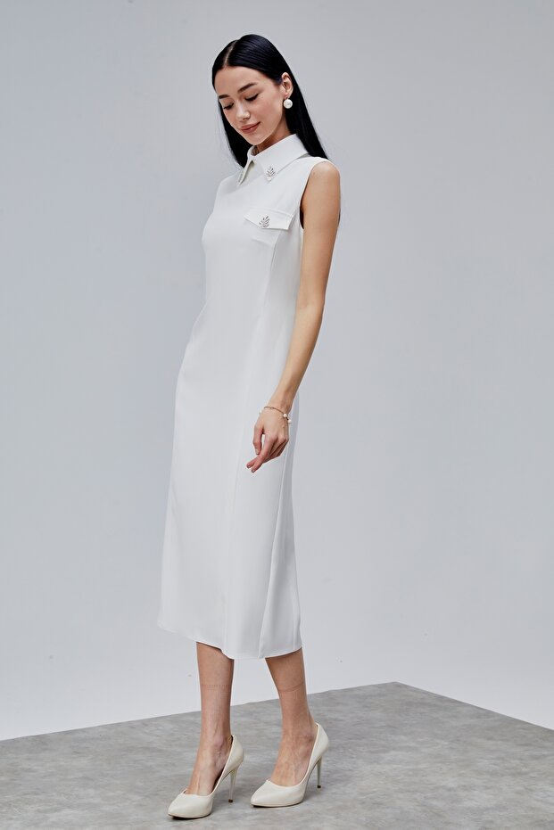 Sıfır Kol Midi Boy Krep Elbise - 3