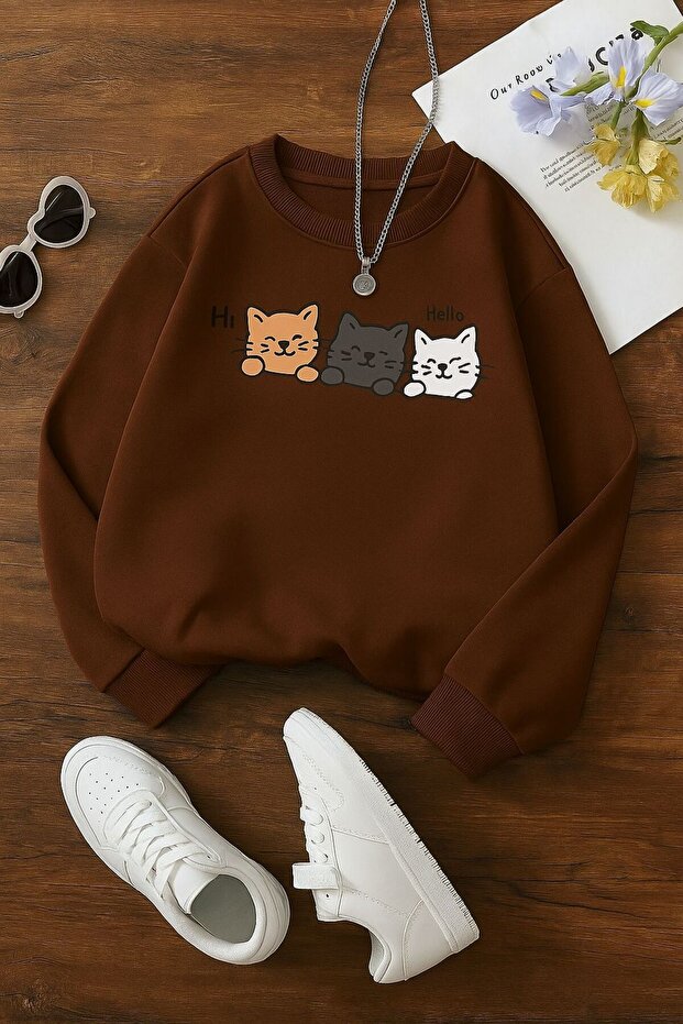 3 Yarn Combed Cotton Hi Hello Cat Printed Unisex Children's Sweat