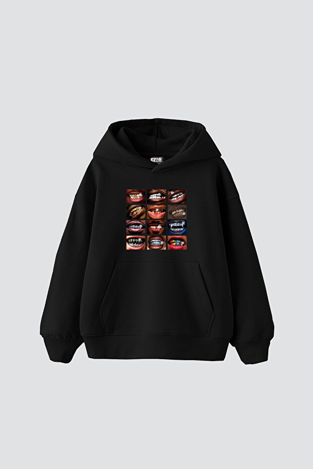 هودي أسود كبير الحجم مطبوع عليه Grillz للجنسين