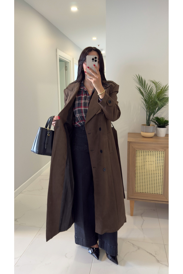 Tolia Koyu Kahve Astarlı Süet Trençkot - 4