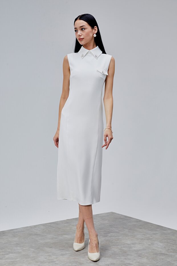 Sıfır Kol Midi Boy Krep Elbise - 1