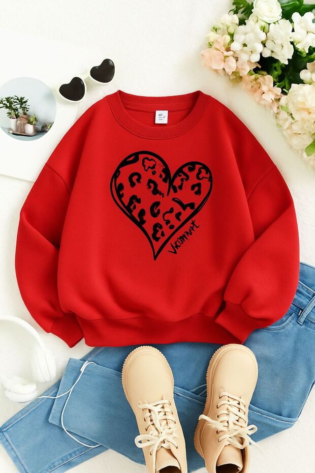 3 Yarn Combed Cotton Leopard Heart Printed Unisex Children's Sweat