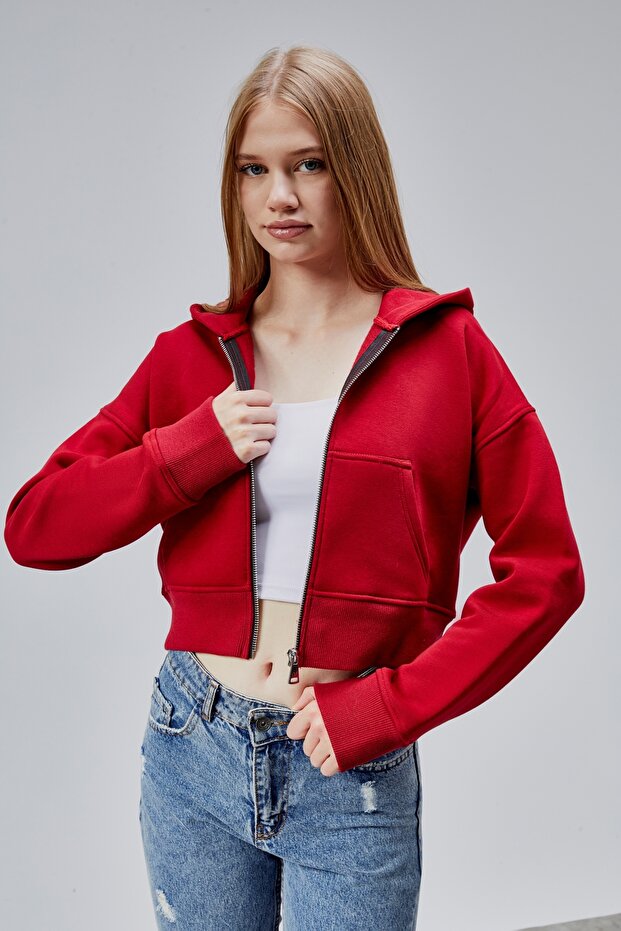 Kadın Kapşonlu Kırmızı Basic Crop Sweatshirt - 2