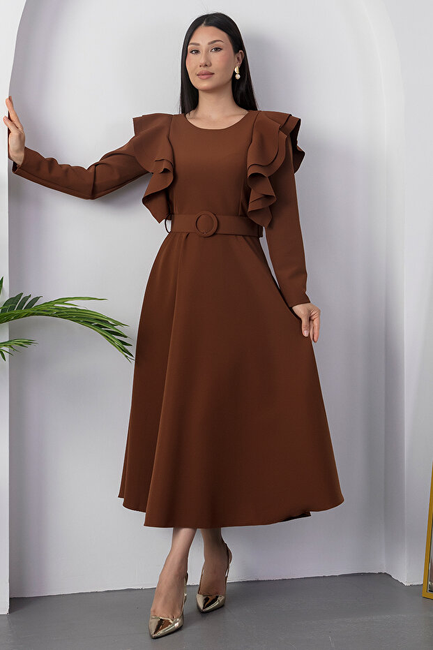 Kolları Volanlı Kemerli Krep Elbise 2025-4309 - 6