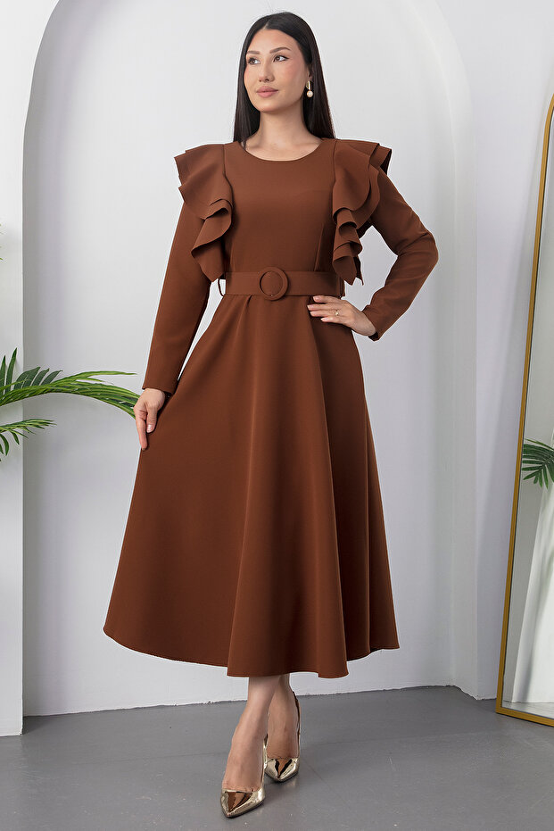 Kolları Volanlı Kemerli Krep Elbise 2025-4309 - 5