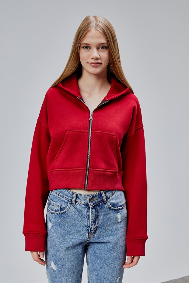 Kadın Kapşonlu Kırmızı Basic Crop Sweatshirt - 3