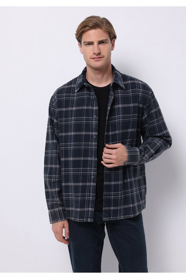 Comfort Fit Shirt Neck Plaid Men's Blue Long Sleeve Shirt