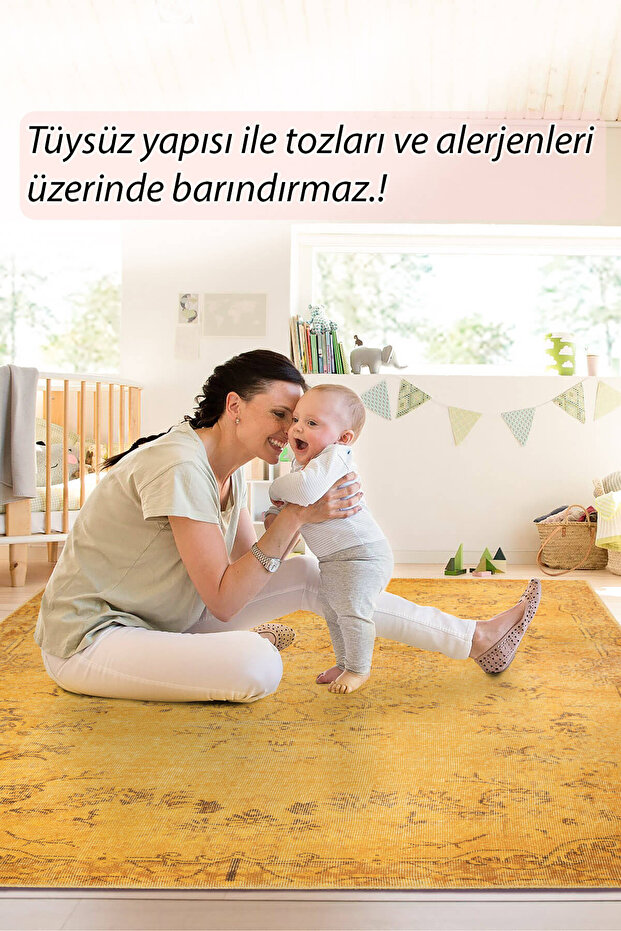 Dorian Eskitme Desenli Dokuma Taban Dekoratif Sarı Halı AL 27 - 9