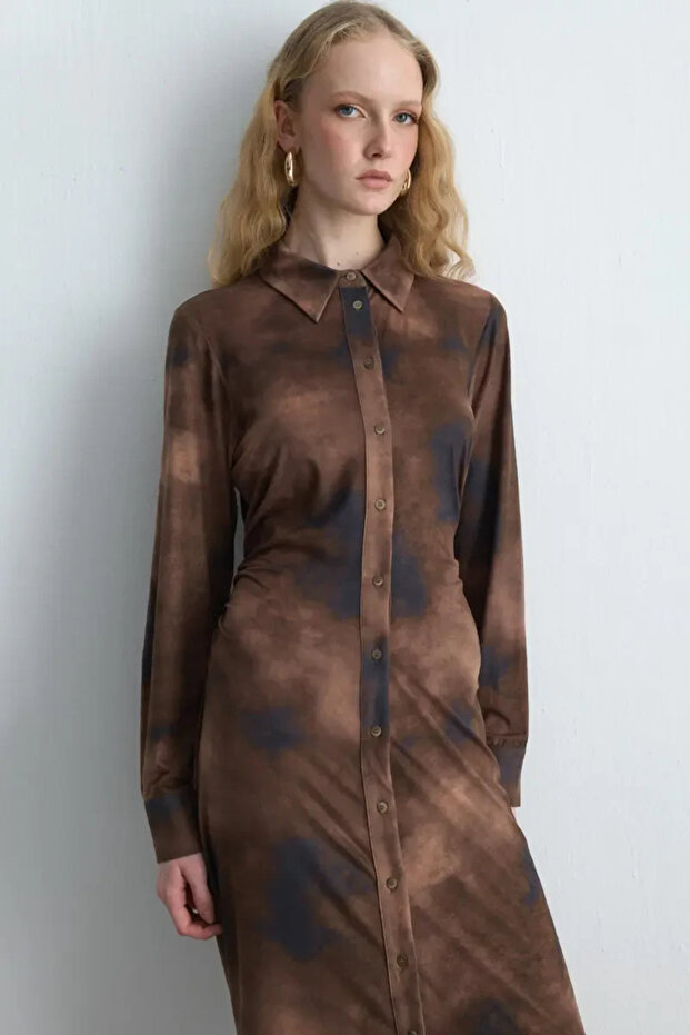 Batik Desenli Süet Uzun Elbise - Haki - 2