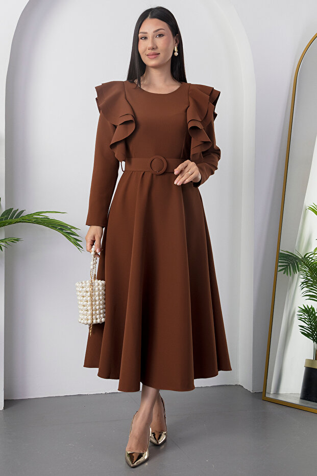 Kolları Volanlı Kemerli Krep Elbise 2025-4309 - 1