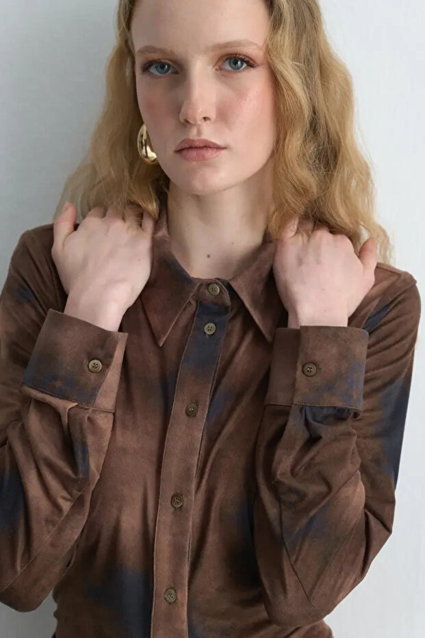 Batik Desenli Süet Uzun Elbise - Haki - 4