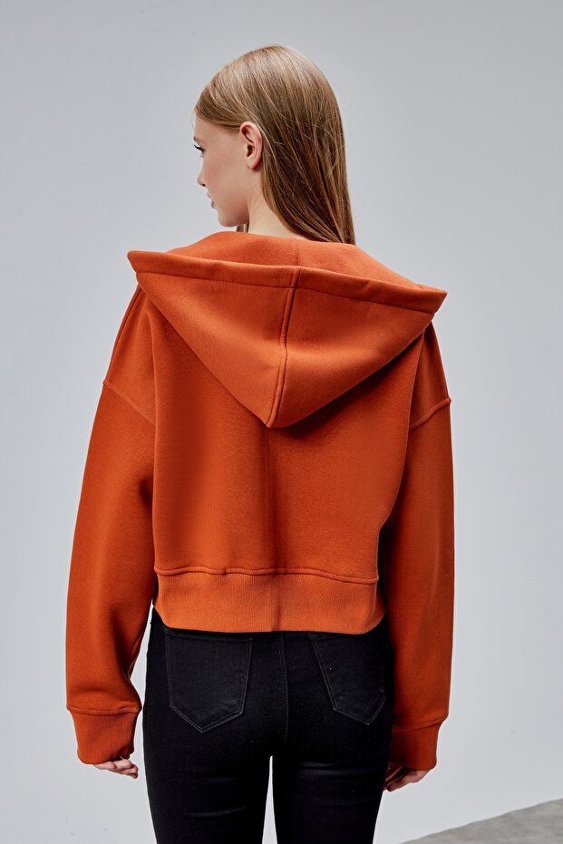 Kadın Kapşonlu Turuncu Basic Crop Sweatshirt - 4