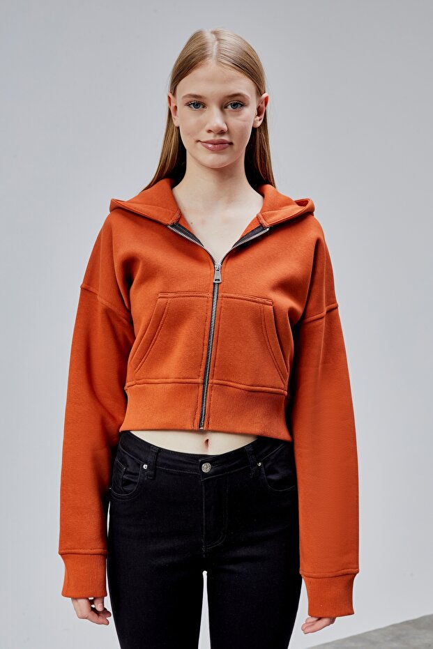 Kadın Kapşonlu Turuncu Basic Crop Sweatshirt - 7