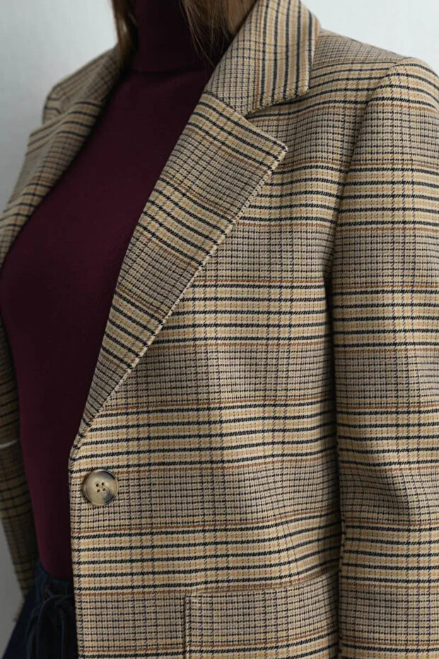 Ekose Blazer Ceket - Bej - 6
