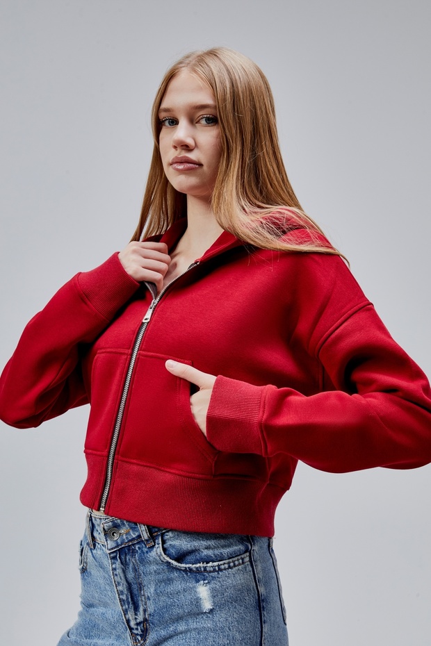 Kadın Kapşonlu Kırmızı Basic Crop Sweatshirt - 1