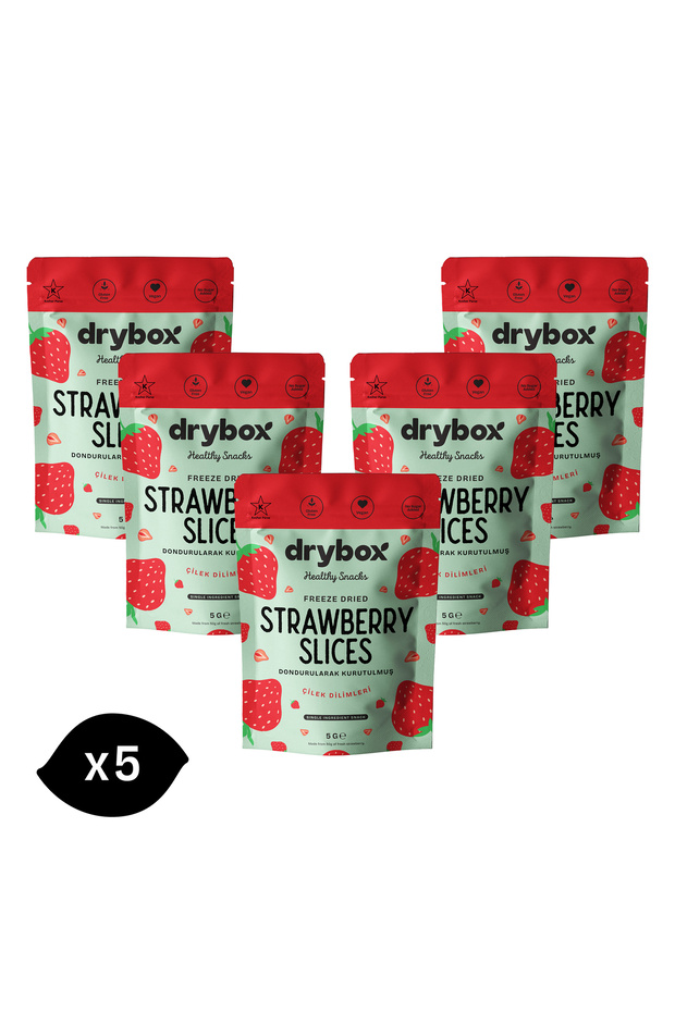 DRYBOX Çilek Dilimleri 5x5g – İlave Şekersiz Dondurularak Kurutulmuş %100 Meyve