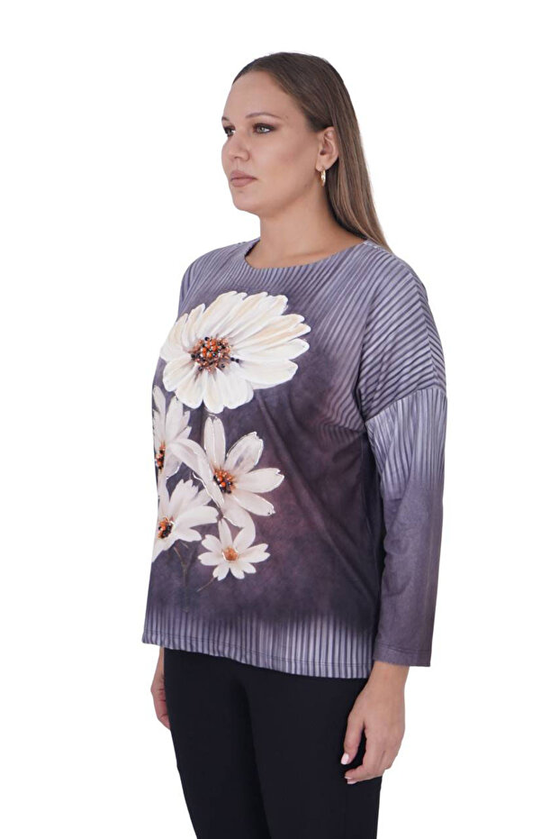 Women's Plus Size Floral Detailed Anthracite Stylish Blouse
