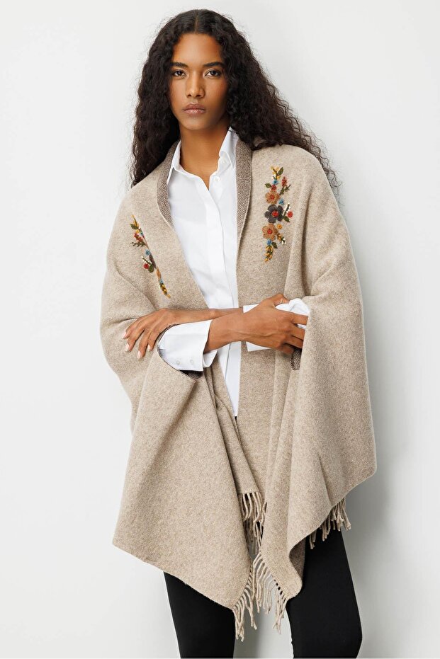 Women's Embroidered Collar, Sleeves Through, Large Wool Poncho, Dark Beige
