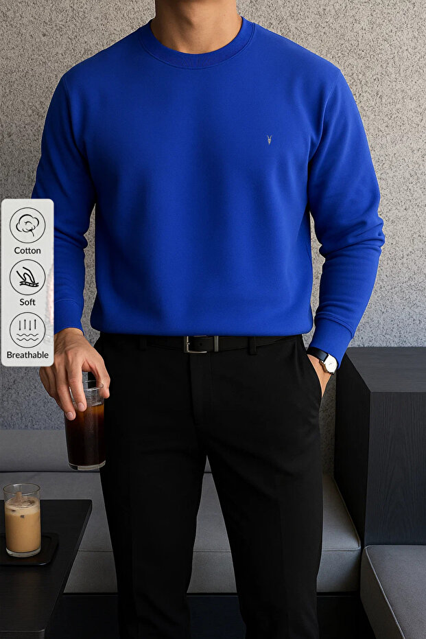 Erkek Kışlık Salaş Basic Mavi Sweatshirt - 1