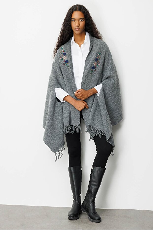 Women's Embroidered Collar, Sleeves Through, Large Wool Poncho, Smoked