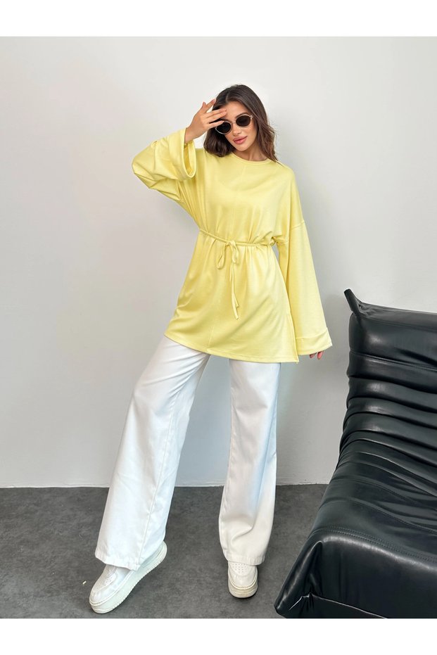 Women's Tie-Waist Sleeve Detail Tunic 8896 - Lemon Yellow