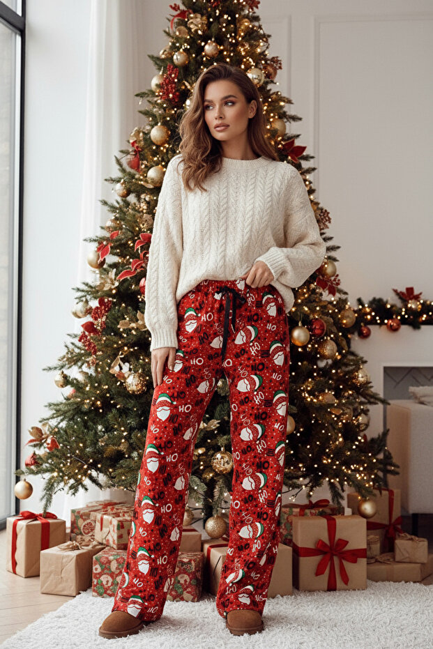 Yılbaşı Temalı Süet Kumaş Geniş Paçalı Pantolon - 3