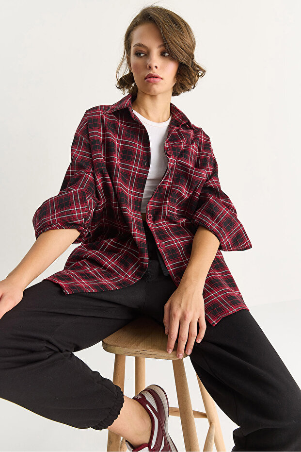 Kadın Tek Cep Detaylı Oversize Ekose Gömlek 513 60283572 - 4