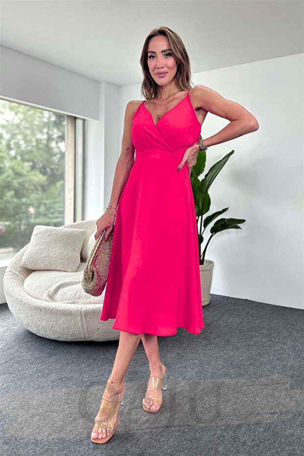 Women's Crepe Fabric Adjustable Strap Belted Tie Midi Dress