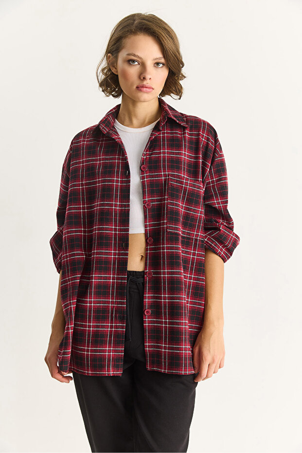 Kadın Tek Cep Detaylı Oversize Ekose Gömlek 513 60283572 - 5