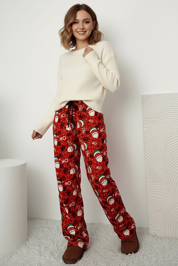 Yılbaşı Temalı Süet Kumaş Geniş Paçalı Pantolon - 2