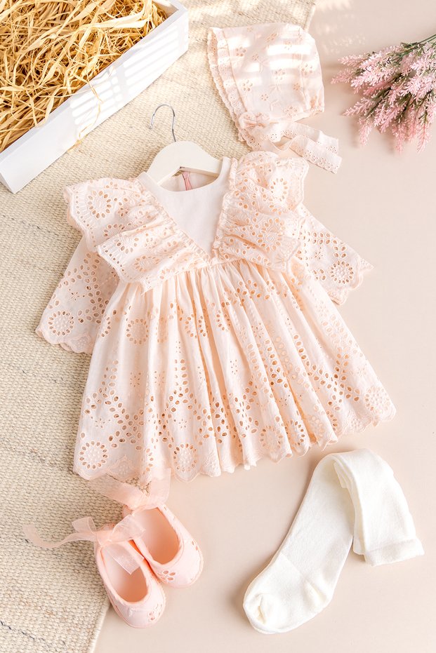 100% Cotton 4-Piece Baby Girl Mevlüt Dress Set Ecru