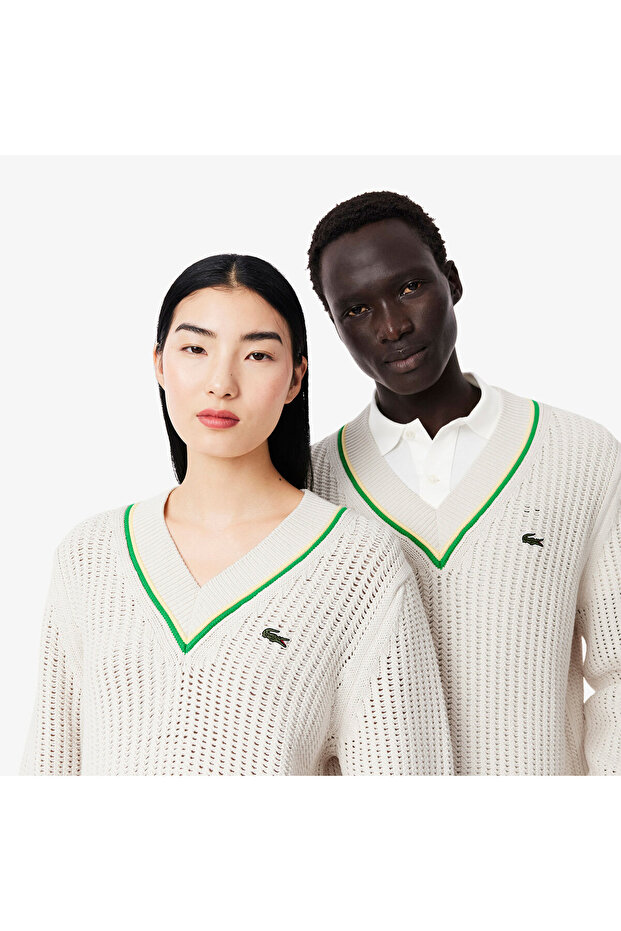 Unisex Classic Fit V Yaka Krem Kazak - 2