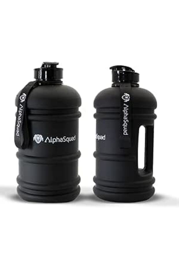 AlphaSquad 2.2L Half Gallon Sports Water Bottle with Handle, 74oz / 2.2 Liter Black Large Sports Wat