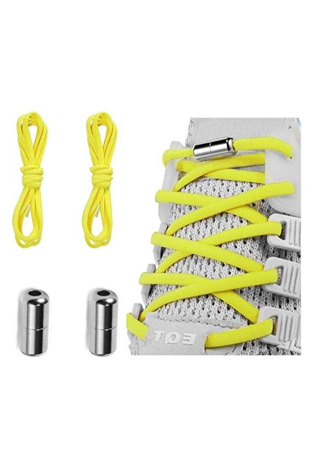 Elastic No Tie Shoe Lace Pair (Fluorescent Yellow Lace with Silver Cap)
